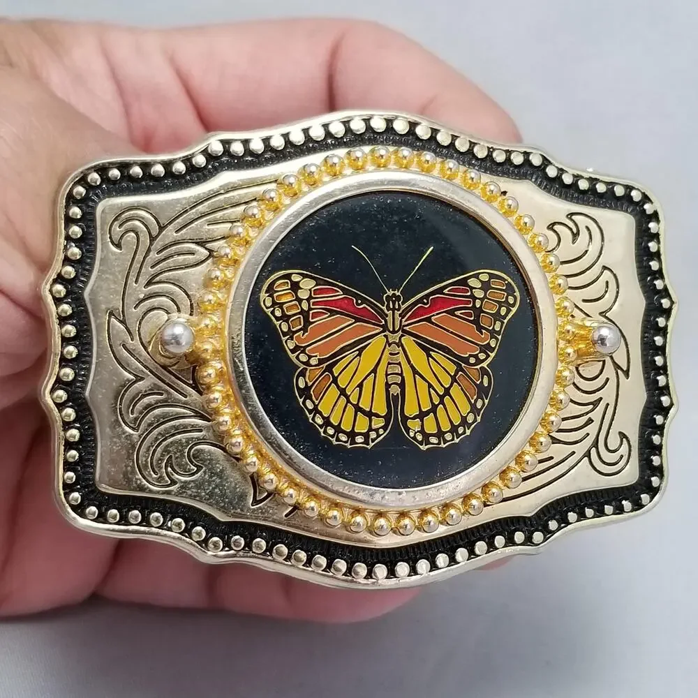 Vintage Belt Buckle Colorful Butterfly Gold Color Western‎ Filigree Made In USA